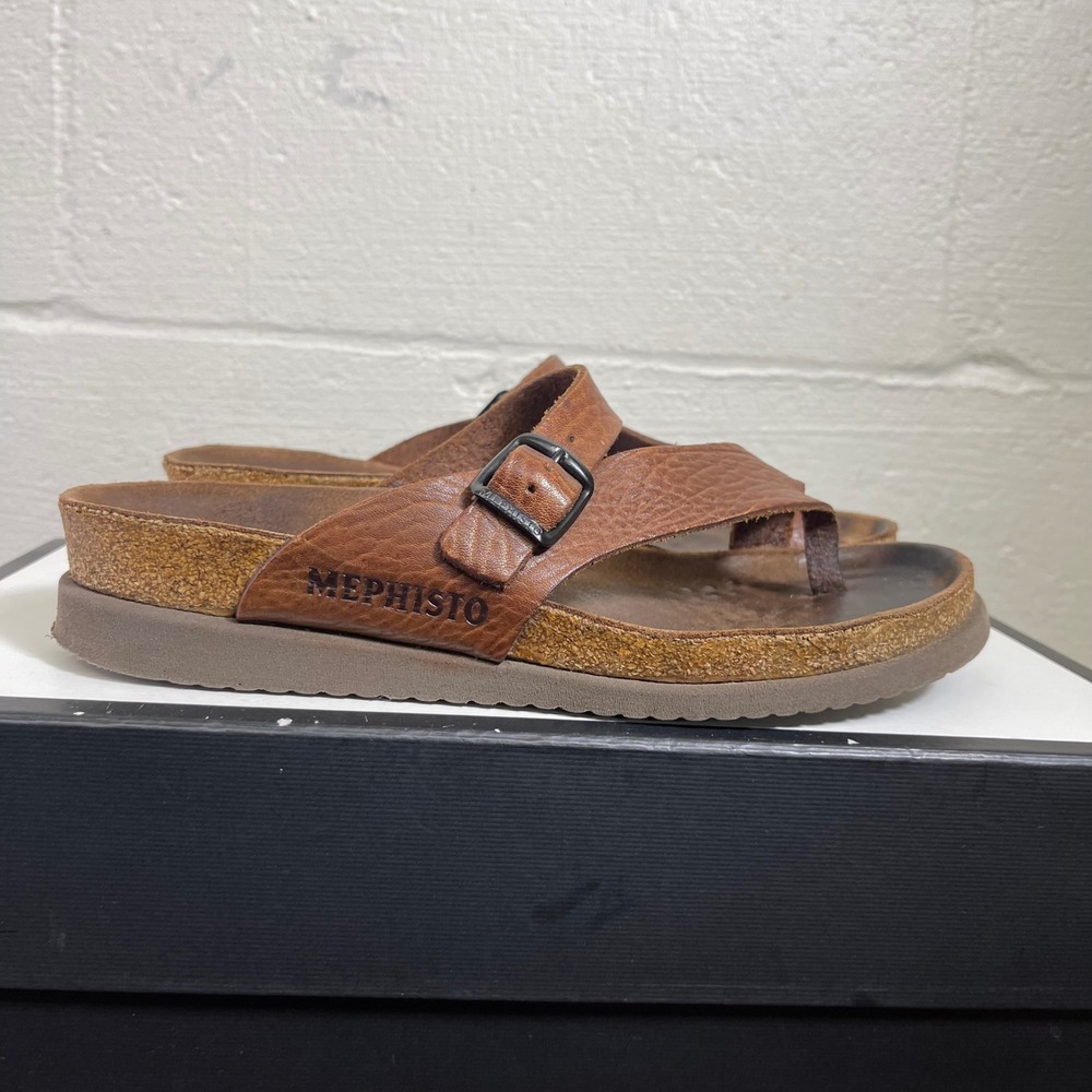 Mephisto Helen Brown Leather Comfort Sandals Slip On Women's Size 39 EU/9 US